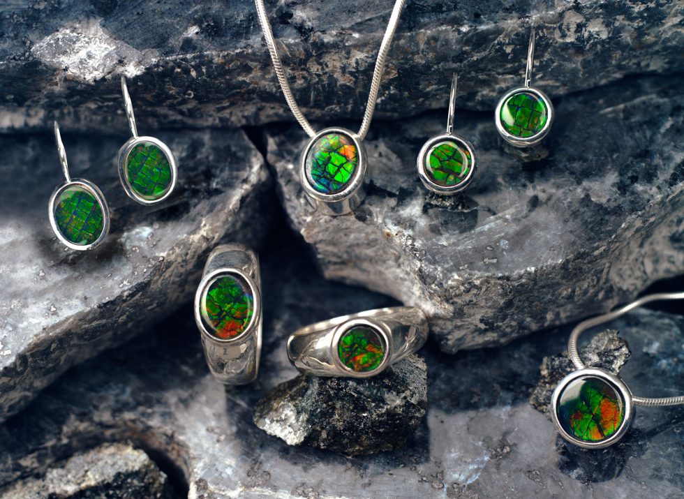 Calgary Product Photographer. Vibrant Jewellery on rough stone backdrop.