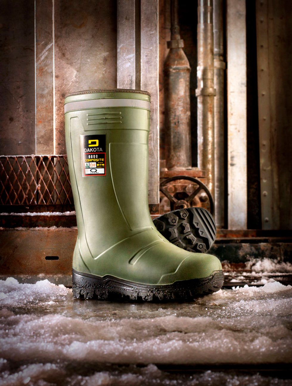 Calgary product Photographer. Dakota rubber boot in factory setting.
